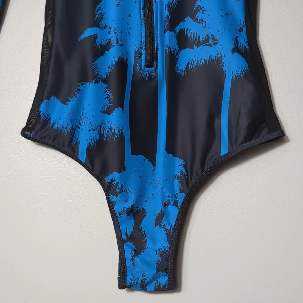 Fashion Nova Drip Palms One Piece Swimsuit Black Blue‎ Long Sleeve Tropical XL